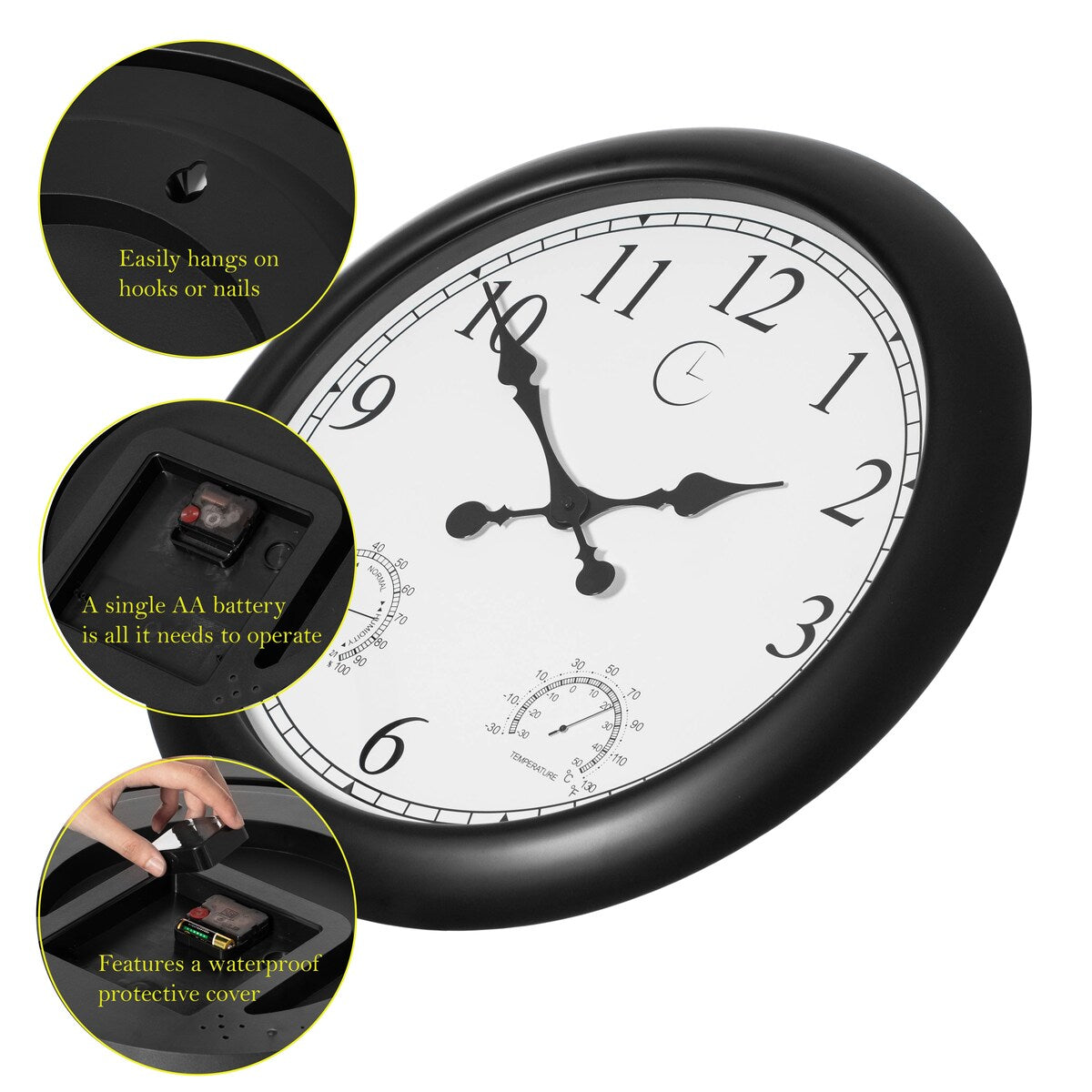 Large Outdoor Wall Clock Thermometer Combo, Waterproof Silent Garden Weather Station Home Indoor Patio Pool Black