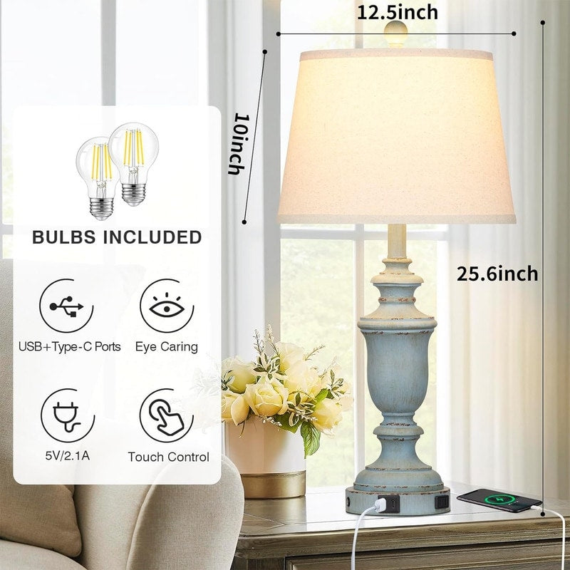 Rustic Table Lamp (Set of 2), 3-Way Dimmable Touch Lamp - 12.5D x 12.5W x 25.6H