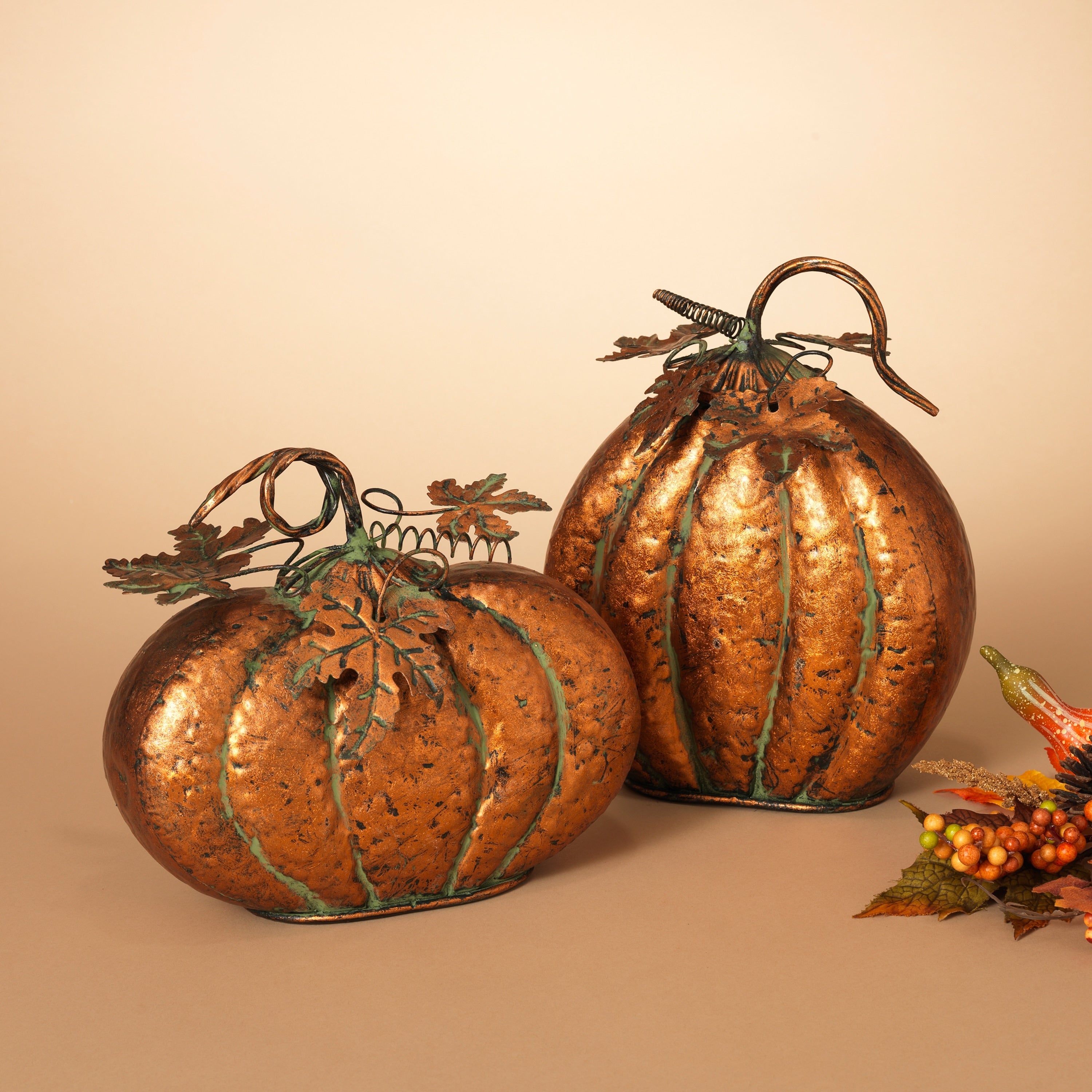 Set of 2 Assorted Metal Harvest Tabletop Pumpkins with Leaf Accents