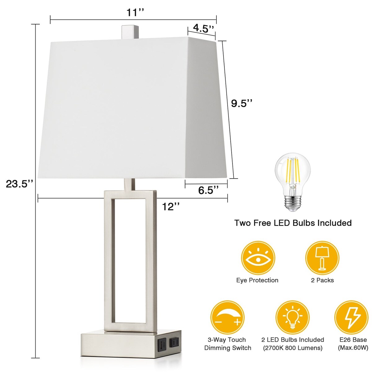 White Table Lamps 3-way Touch Dimming Switch Charging Ports (Set of 2) - 12'' x 6.5'' x 23.5'' (L x W x H)