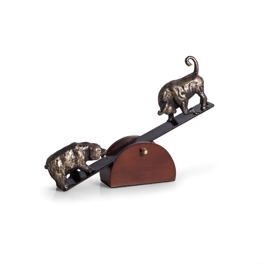 See-Saw Metal Bull & Bear Sculpture with Teak Wood Base.