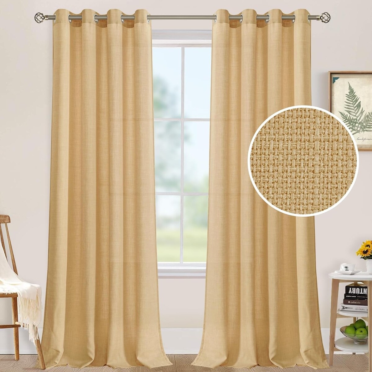 Natural Linen Curtains for Living Room, Faux Linen Textured Privacy Drapes Grommet Boho Panels, Set of 2 Panels