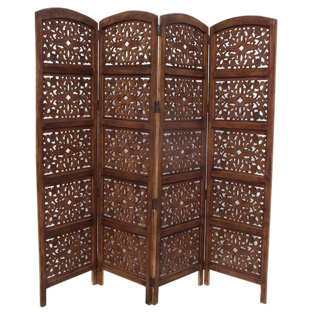 The Urban Port Foldable 4 Panel Mango Wood Room Divider, Brown