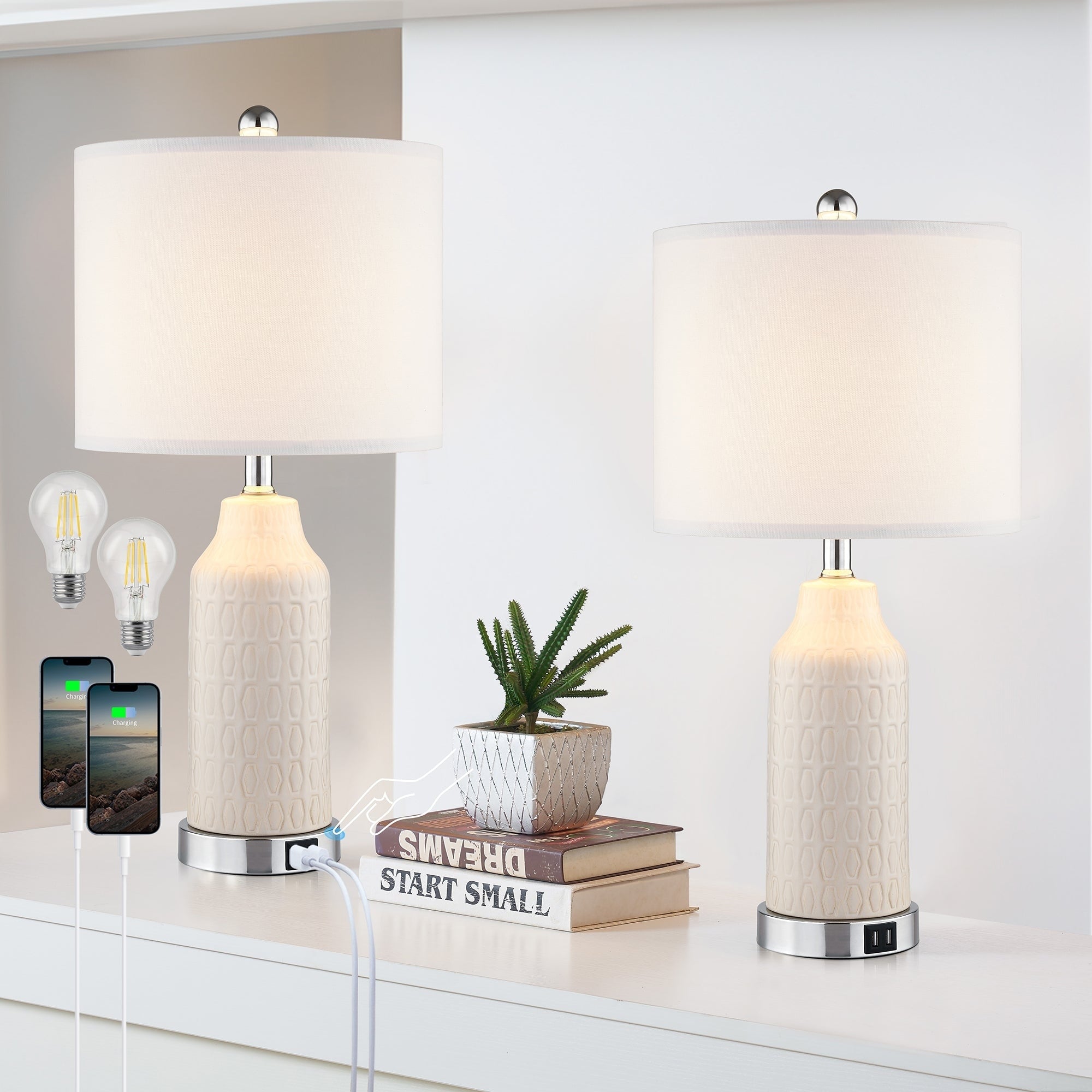 White Ceramic Table Lamps with 3-way Touch Dimming Switch & Dual USB Charging Ports & AC Outlet (Set of 2)