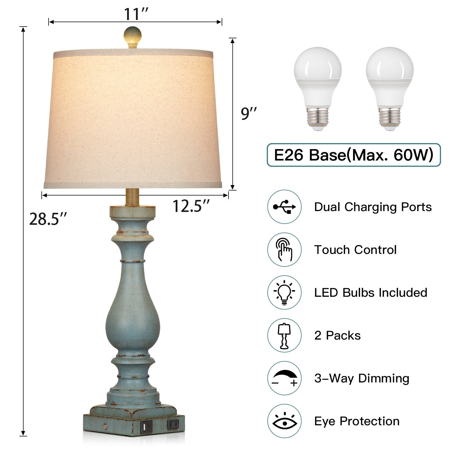 Table Lamp Blue Resin Drop Style Tilted Shade 3-Way Dimming Touch Switch USB Type-C Charging Ports AC Outlet No Strobe(Set of 2)