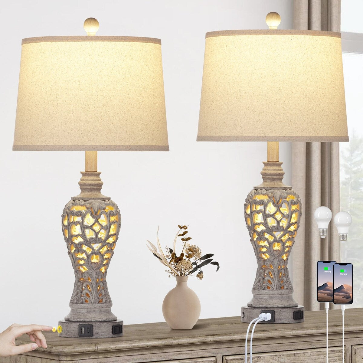 Resin Nightlight Table Lamp 2in1 with USB Charging Port & Type-C Charging Port & AC Outlet 2 Independent Switches (Set of 2)