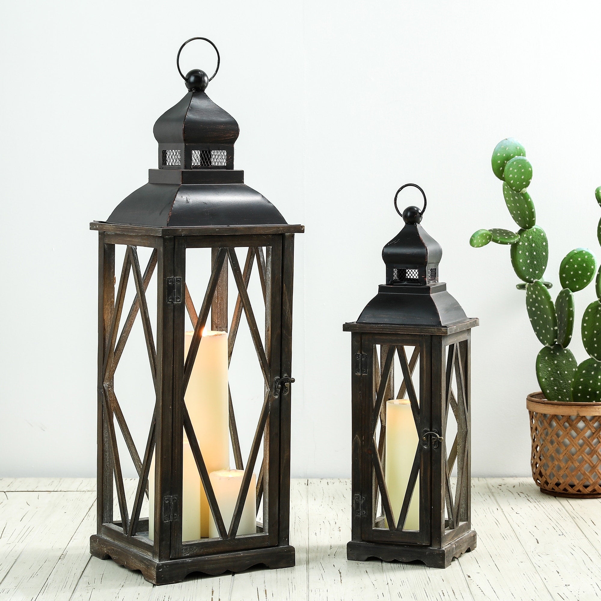 Glitzhome 2-Piece Oversize Farmhouse Wood/ Metal Hanging Candle Holders Decorative Lanterns