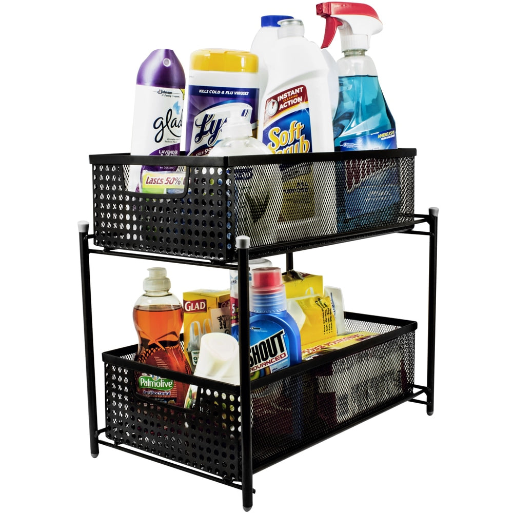 2 Tier Organizer Baskets with Mesh Sliding Made of Steel (Black)