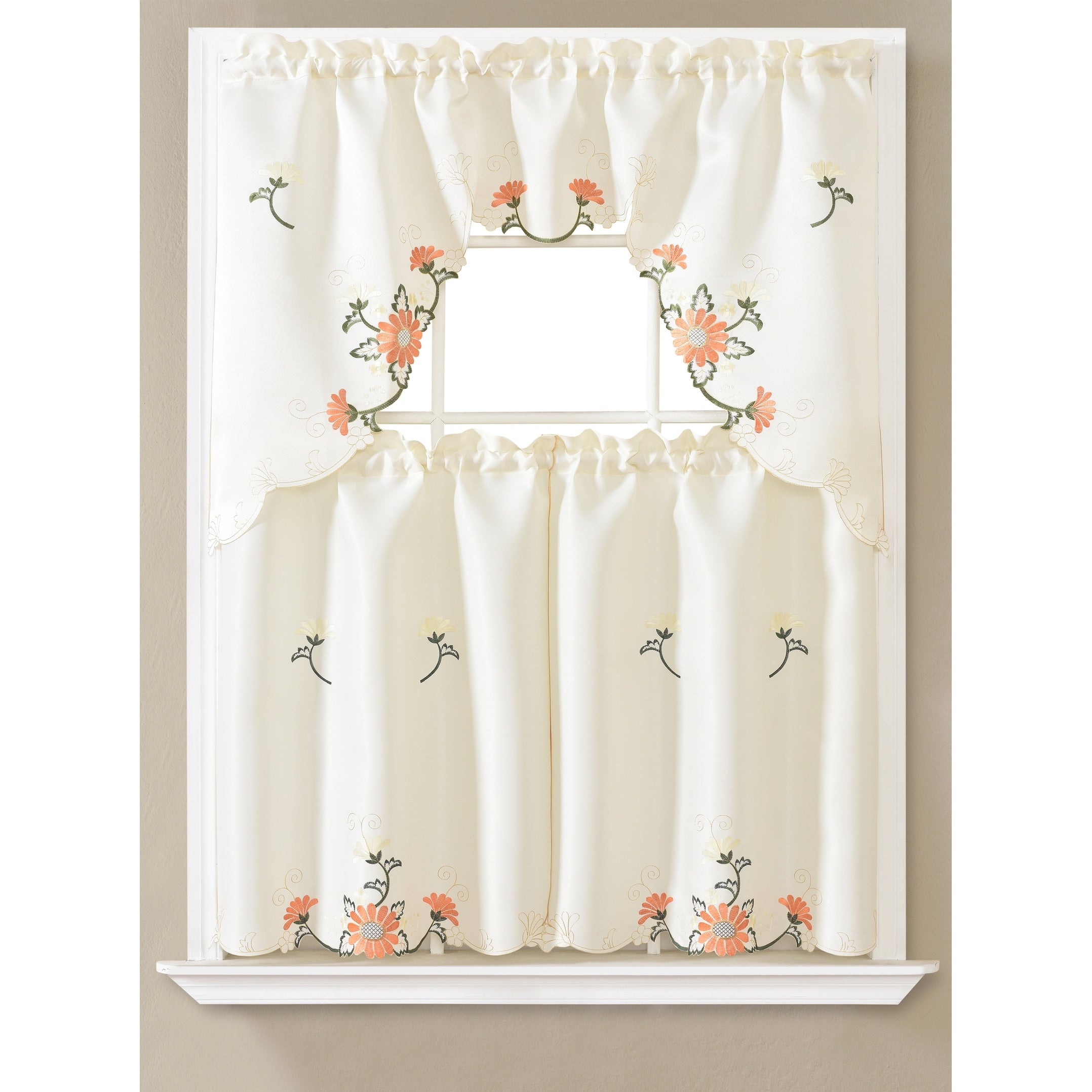 Daisy Floral Embroidered Kitchen Curtain Set with Valance & Tiers