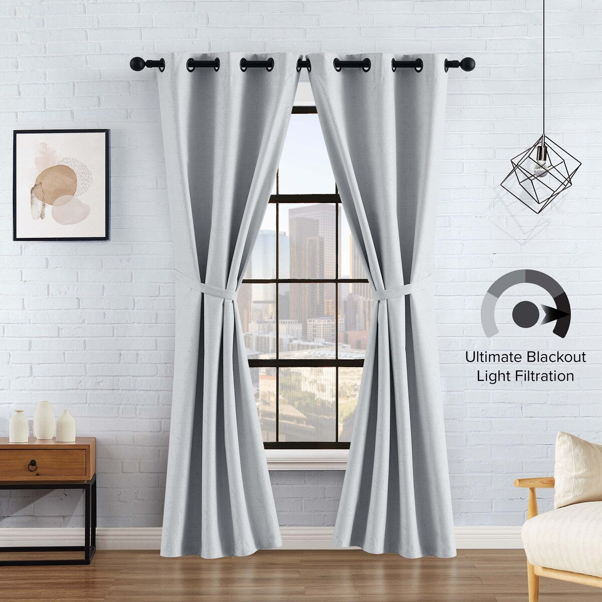 Lucky Brand Sondra Textured Leaf Pattern Blackout Grommet Window Curtain Panel Pair with Tiebacks