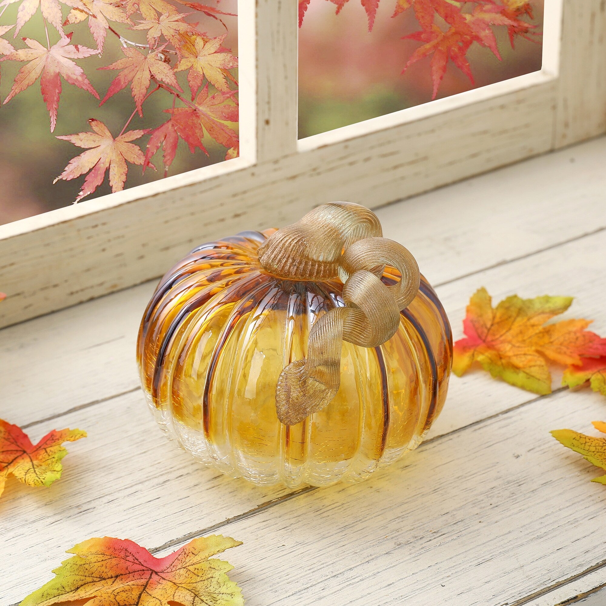 Glitzhome Amber Crackle Handblown Fall Harvest Glass Pumpkins for Thanksgiving Decor