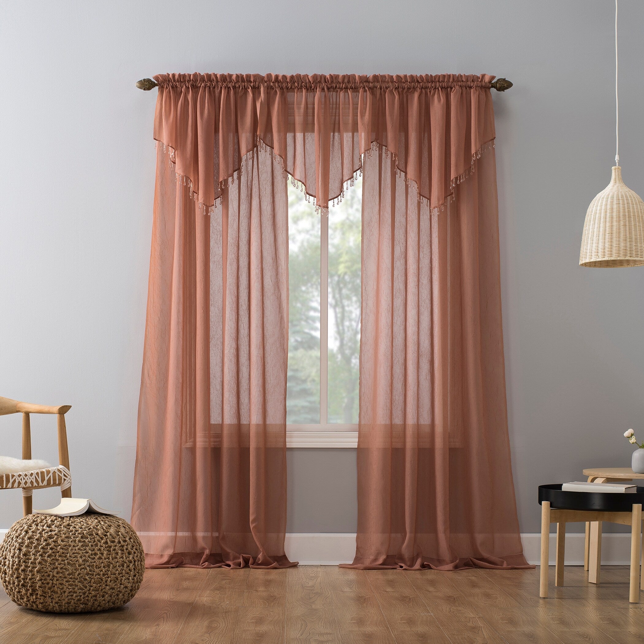 No. 918 Erica Crushed Voile Ascot Beaded Sheer Rod Pocket 1-Piece Curtain Valance