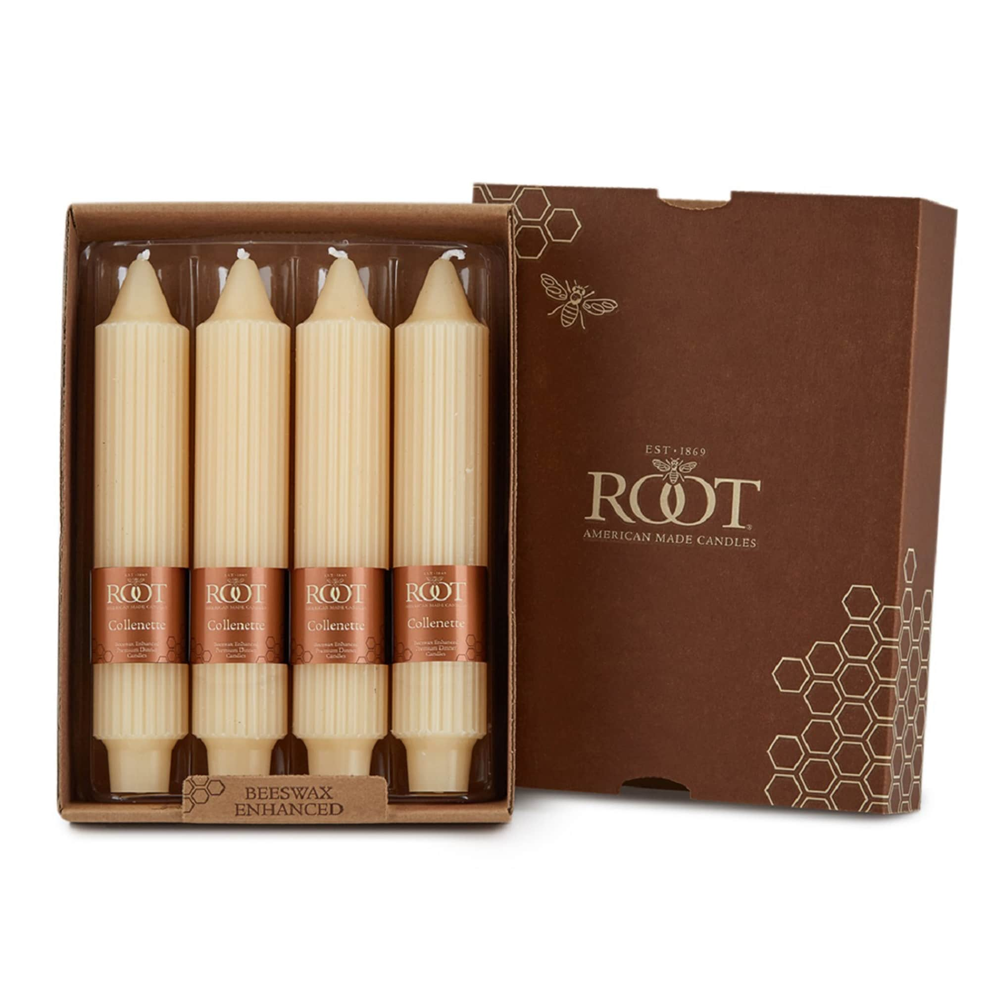 Root Unscented Grecian Collenette Taper Candles box of 4