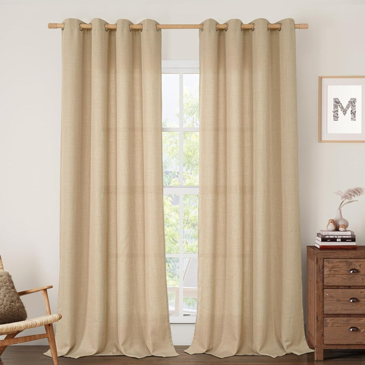 Natural Linen Curtains for Living Room, Faux Linen Textured Privacy Drapes Grommet Boho Panels, Set of 2 Panels