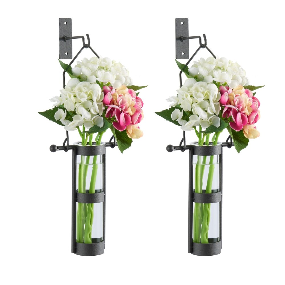 Wall Mount Hanging Glass Cylinder Vase Set with Metal Cradle and Hook