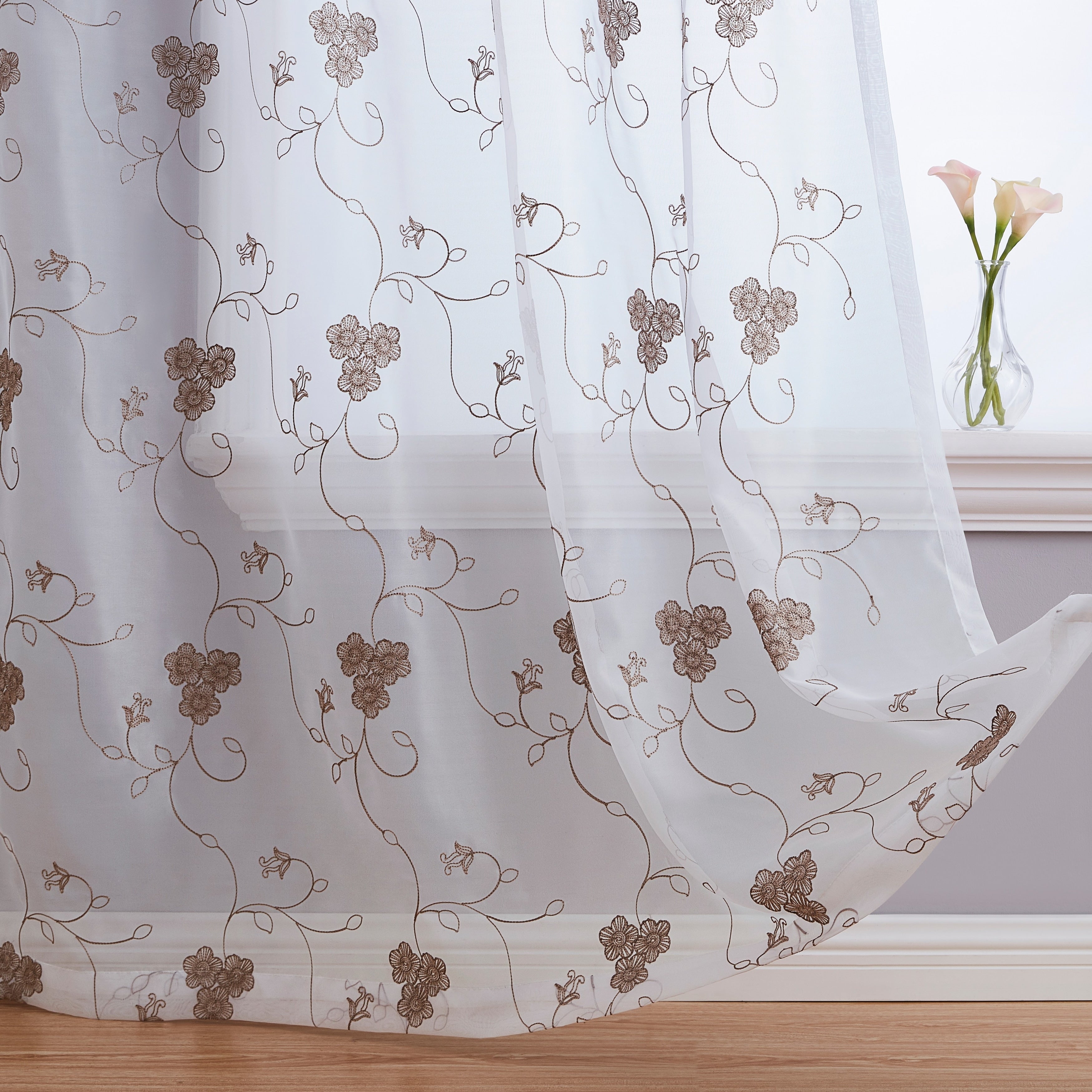 HLC.me Allegra Floral Vine Embroidered Sheer Light Filtering Window Curtain Drapery Rod Pocket Top Panels, Set of 2