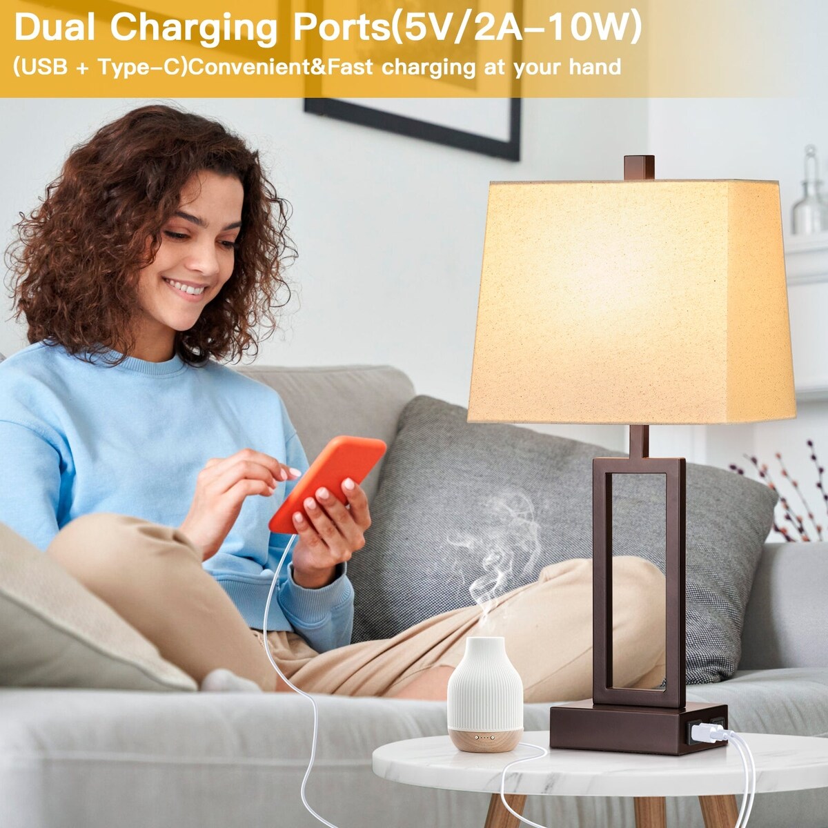 Table Lamps Black Matte Metal Beige Shade with USB Type-C Charging Ports AC Outlet 3-Way Touch Dimming Switch (Set of 2)