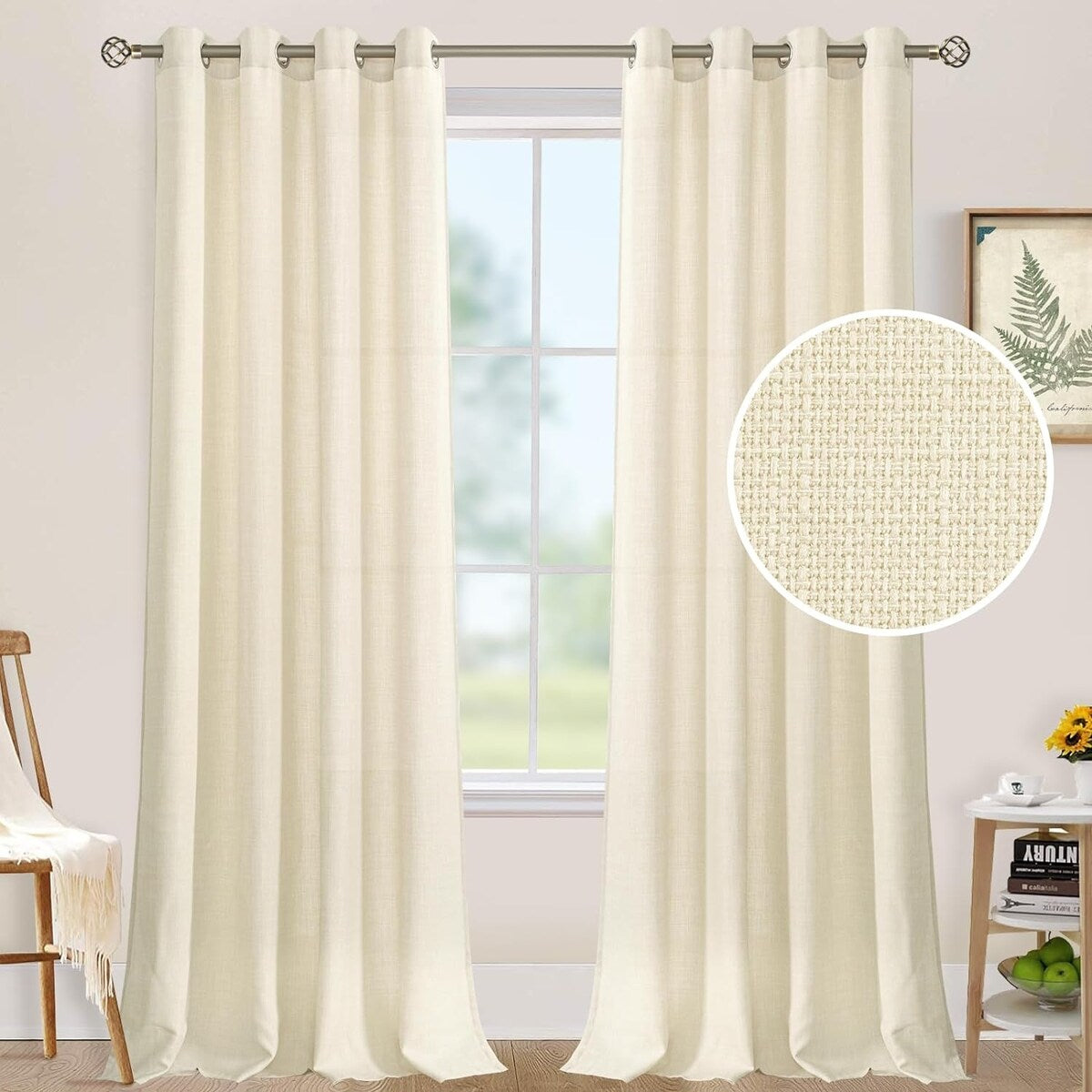 Natural Linen Curtains for Living Room, Faux Linen Textured Privacy Drapes Grommet Boho Panels, Set of 2 Panels