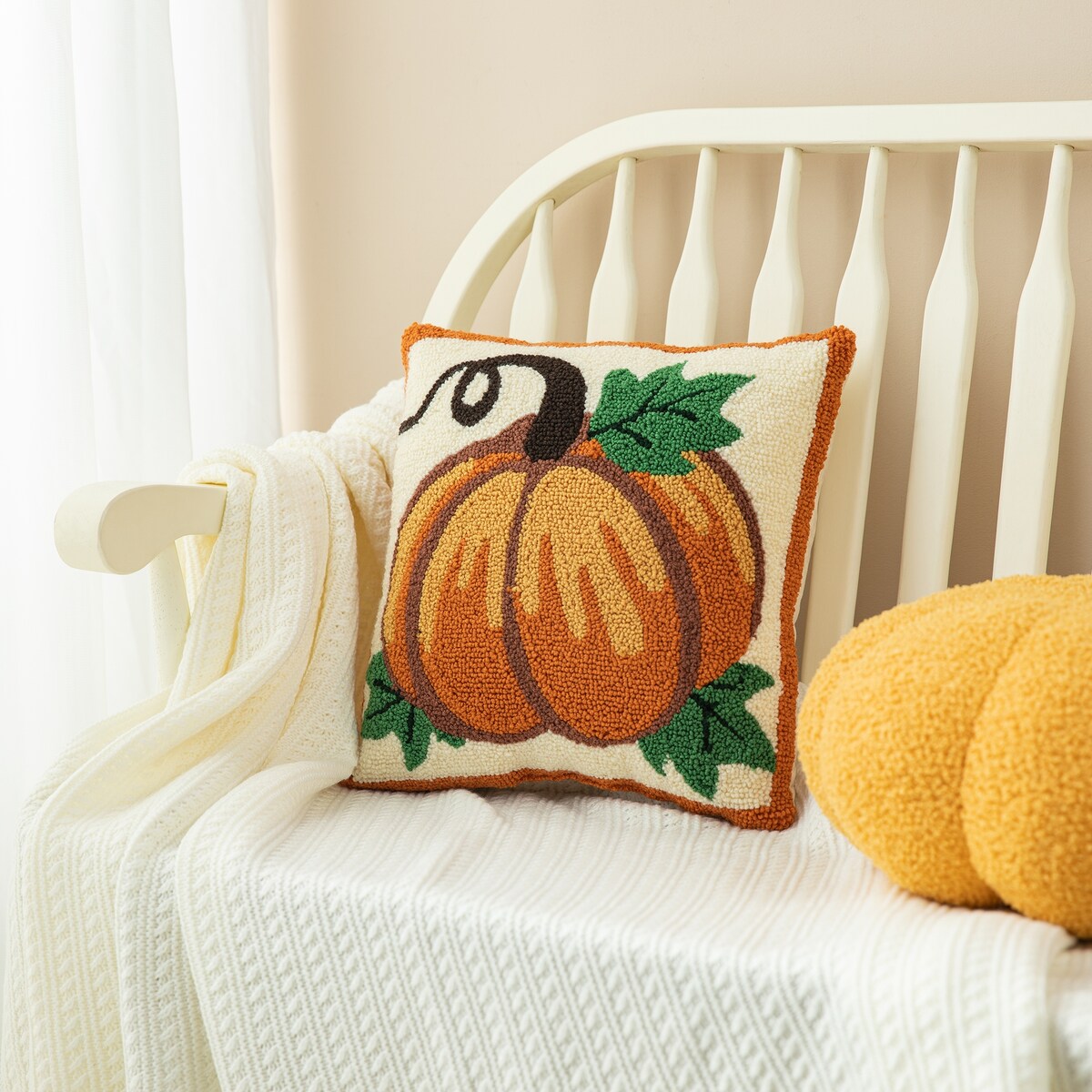 Glitzhome 14''H Fall Hooked Pumpkin & Sunflower Pillow