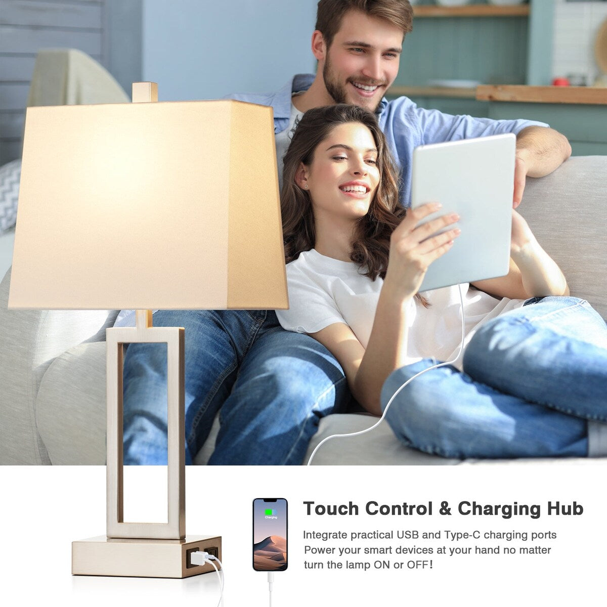 White Table Lamps 3-way Touch Dimming Switch Charging Ports (Set of 2) - 12'' x 6.5'' x 23.5'' (L x W x H)