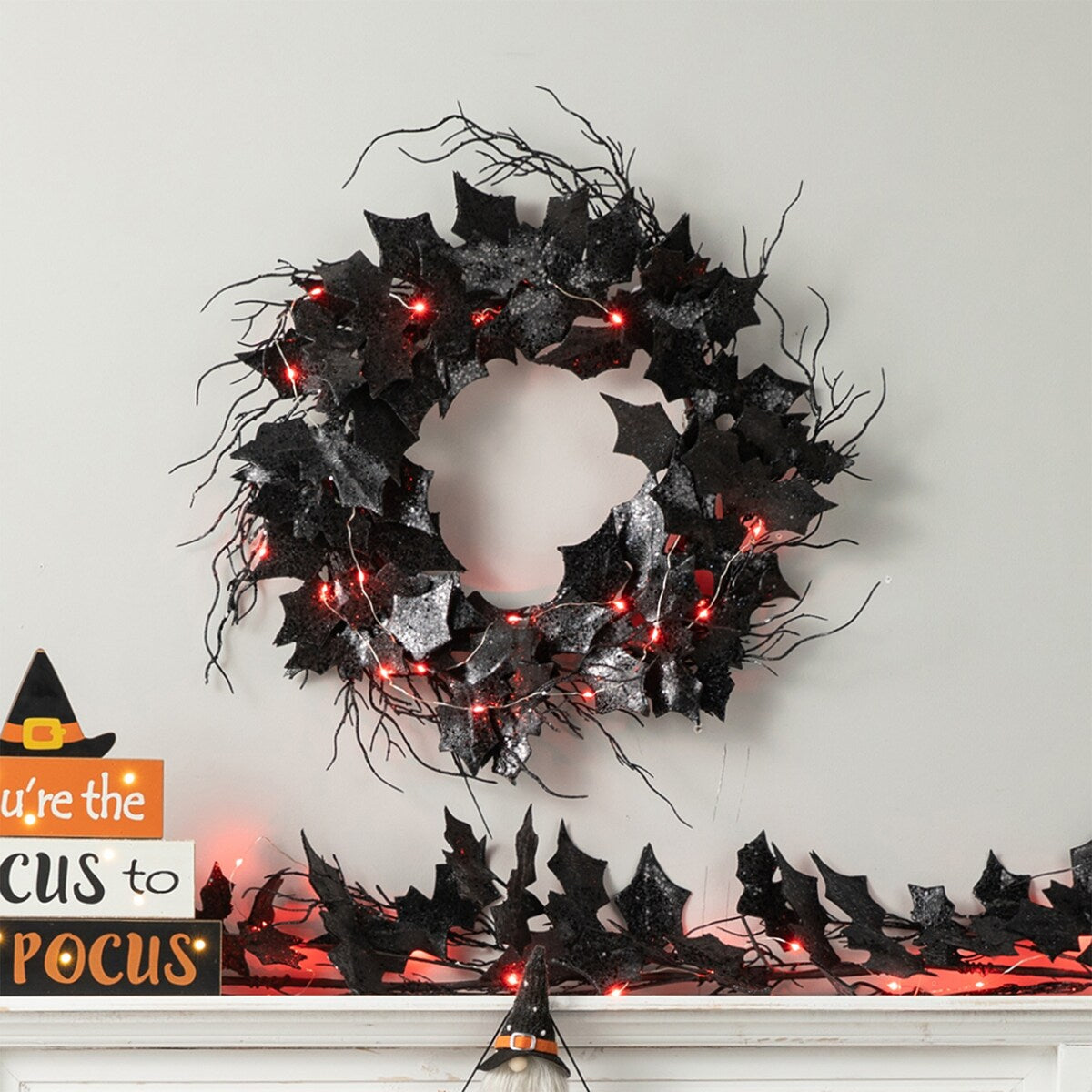 Glitzhome LED Lighted Halloween Bat Garland Wreath Wall Hanging Decor