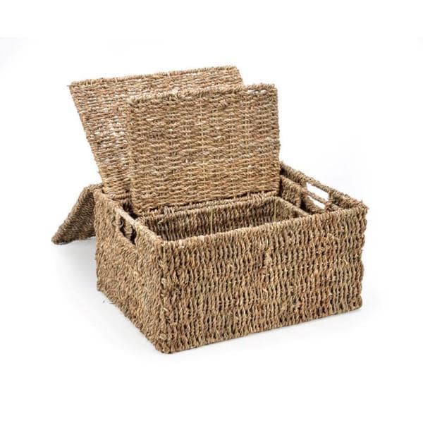 Trademark Innovations Set of 3 Rectangular Seagrass Baskets with Lids (Small)