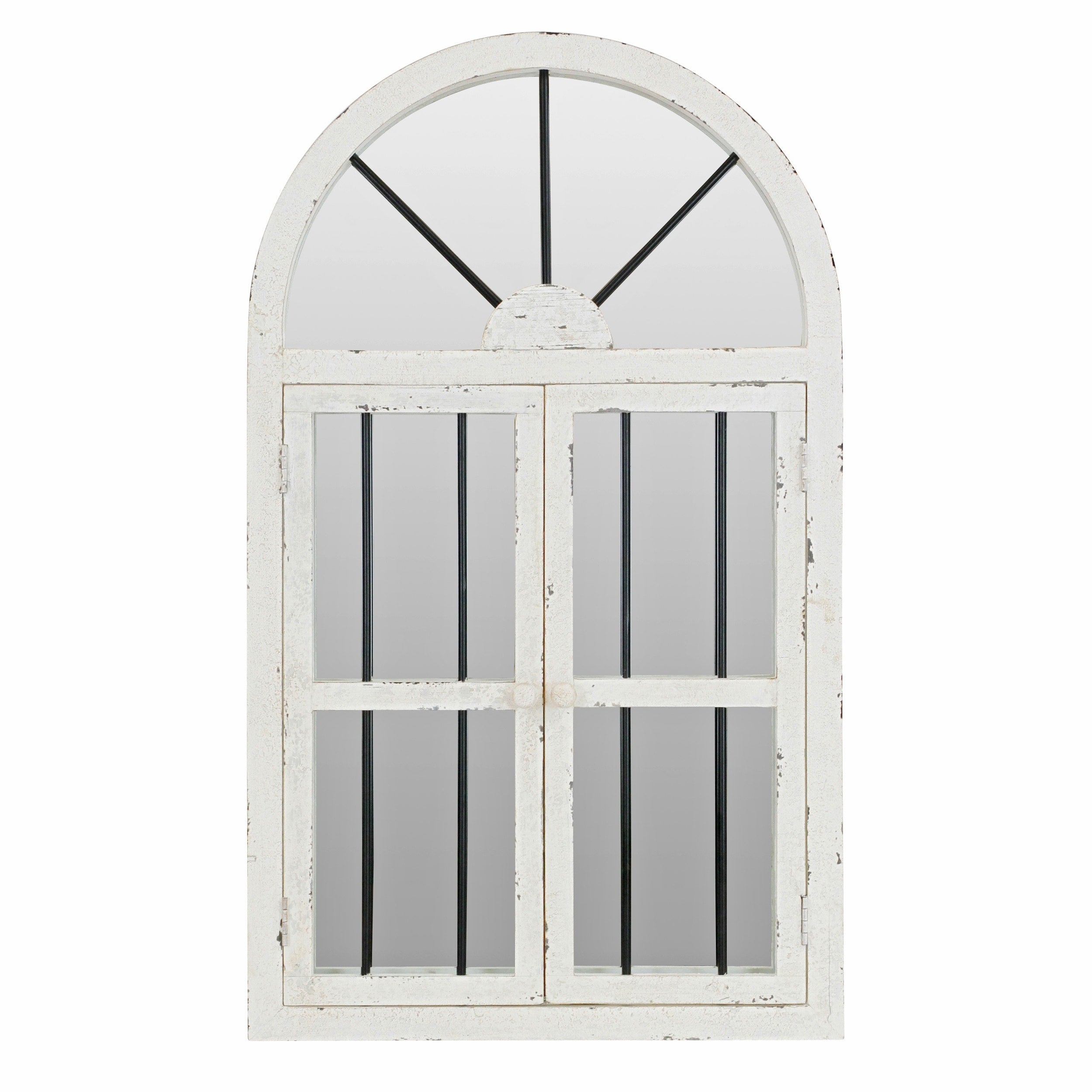 Distressed White Wood Arched Window Wall Mirror, 25 x 42