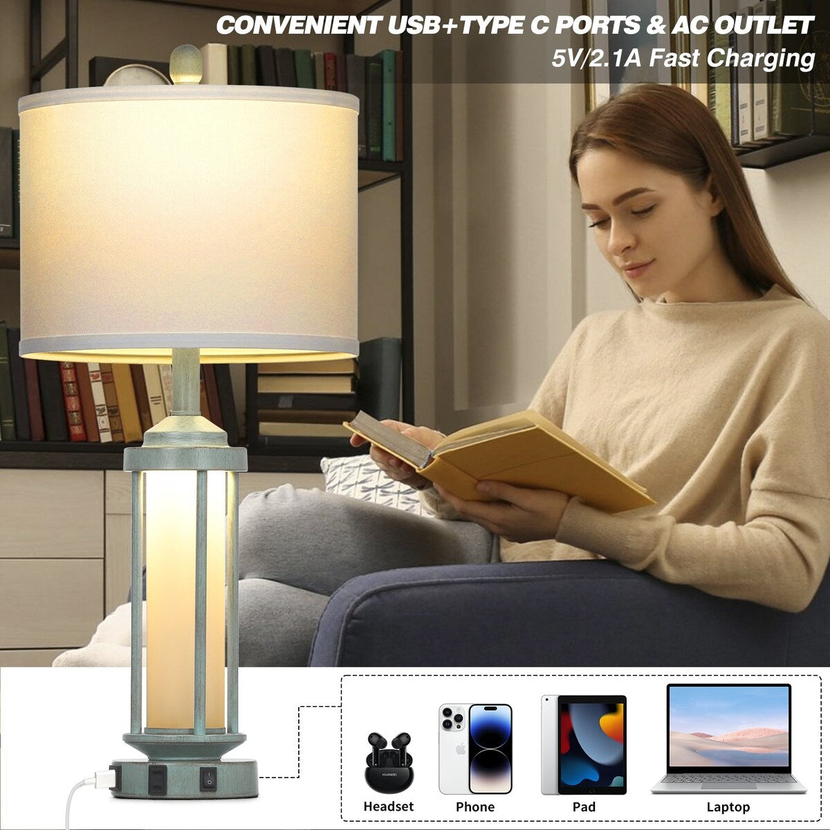 Blue Metal Nightlight Table Lamp 2in1 with Roman Pillar and USB Type-C Charging Ports AC Outlet (Set of 2)