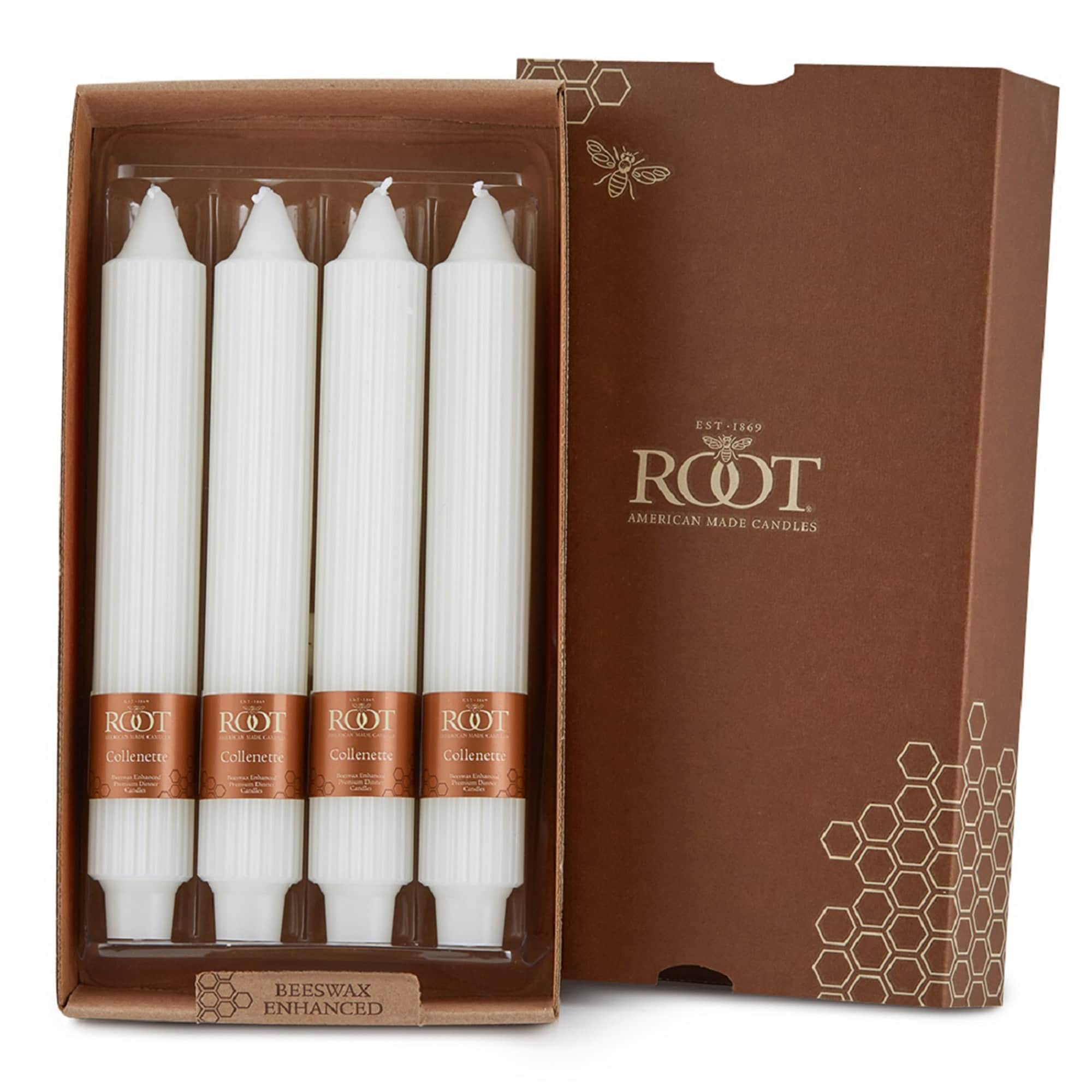 Root Unscented Grecian Collenette Taper Candles box of 4