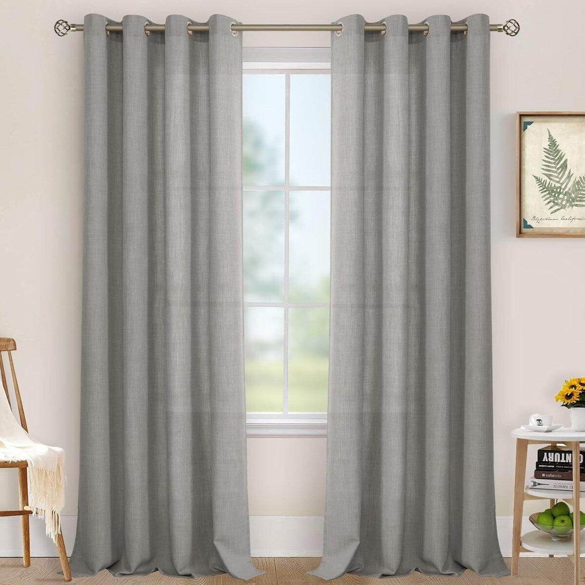 Natural Linen Curtains for Living Room, Faux Linen Textured Privacy Drapes Grommet Boho Panels, Set of 2 Panels