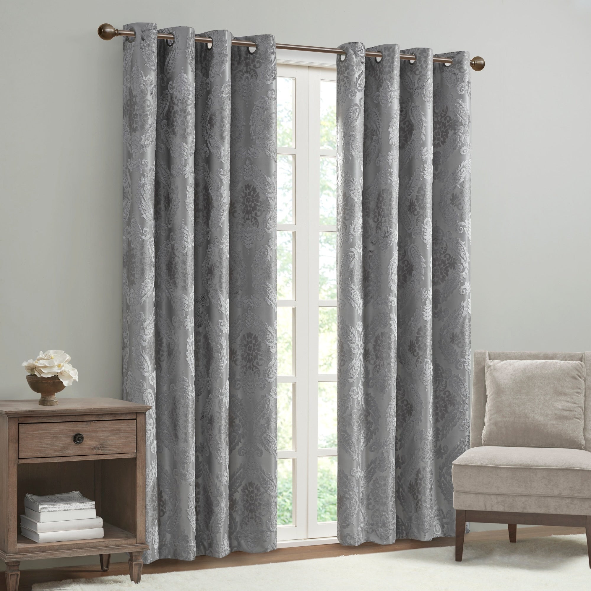 Loraine Knitted Jacquard Paisley Total Blackout Grommet Top Curtain Panel by SunSmart