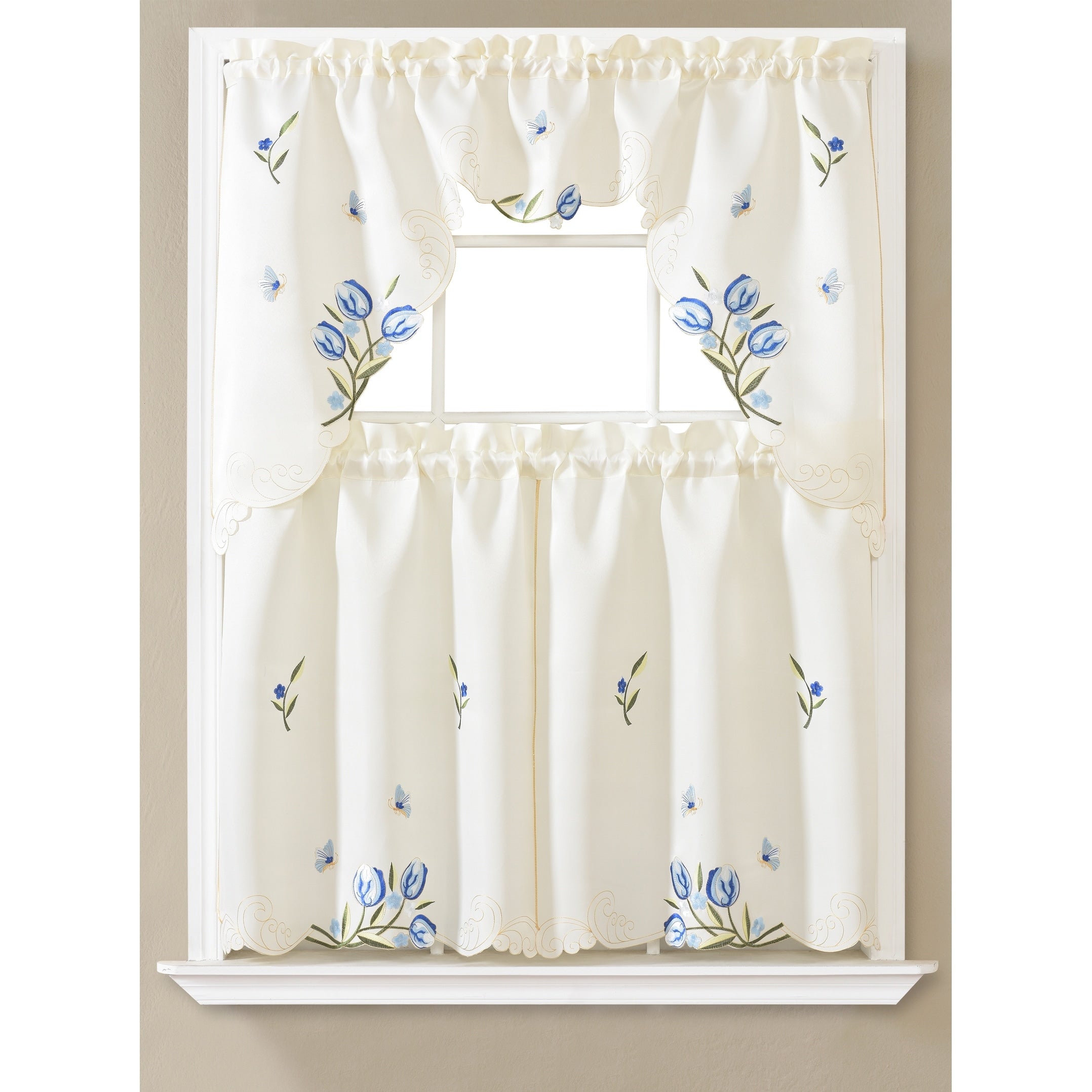 Daisy Floral Embroidered Kitchen Curtain Set with Valance & Tiers