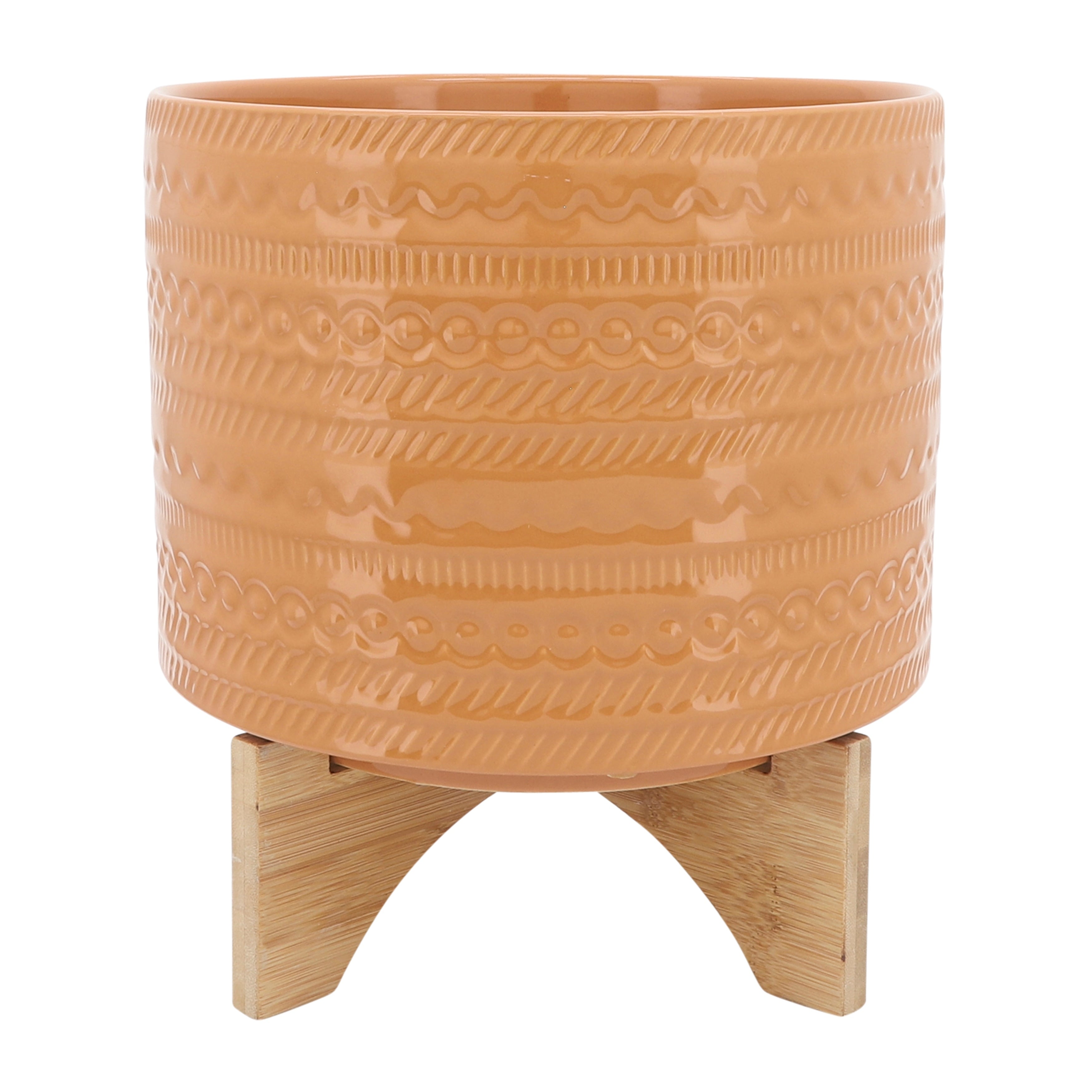 Sagebrook Home Tribal Ceramic Planter Pot with Natural Wood Stand