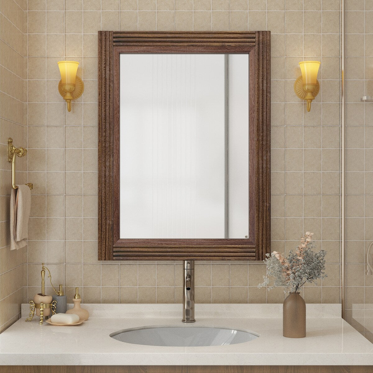 Solid Wood Frame Flat Bathroom Mirror