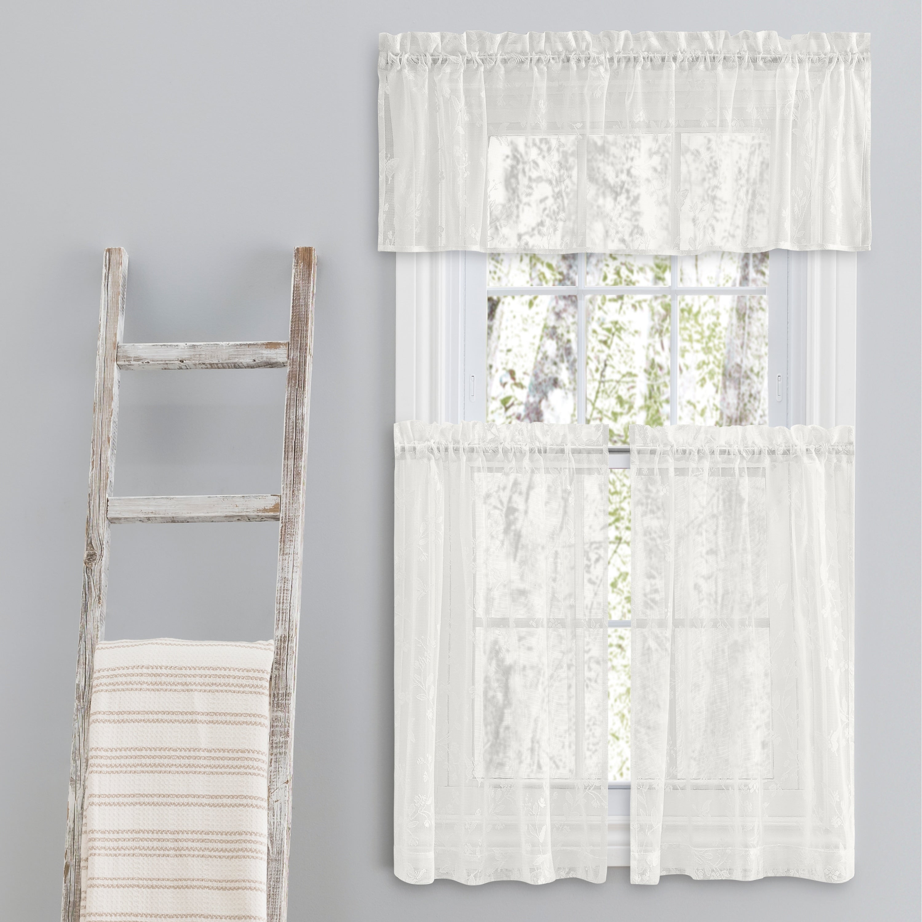 Isabella Lace Elegant Rod Pocket W Header Kitchen Curtains - Tier, Swag Pair and Tailored Valance (Sold Separately)