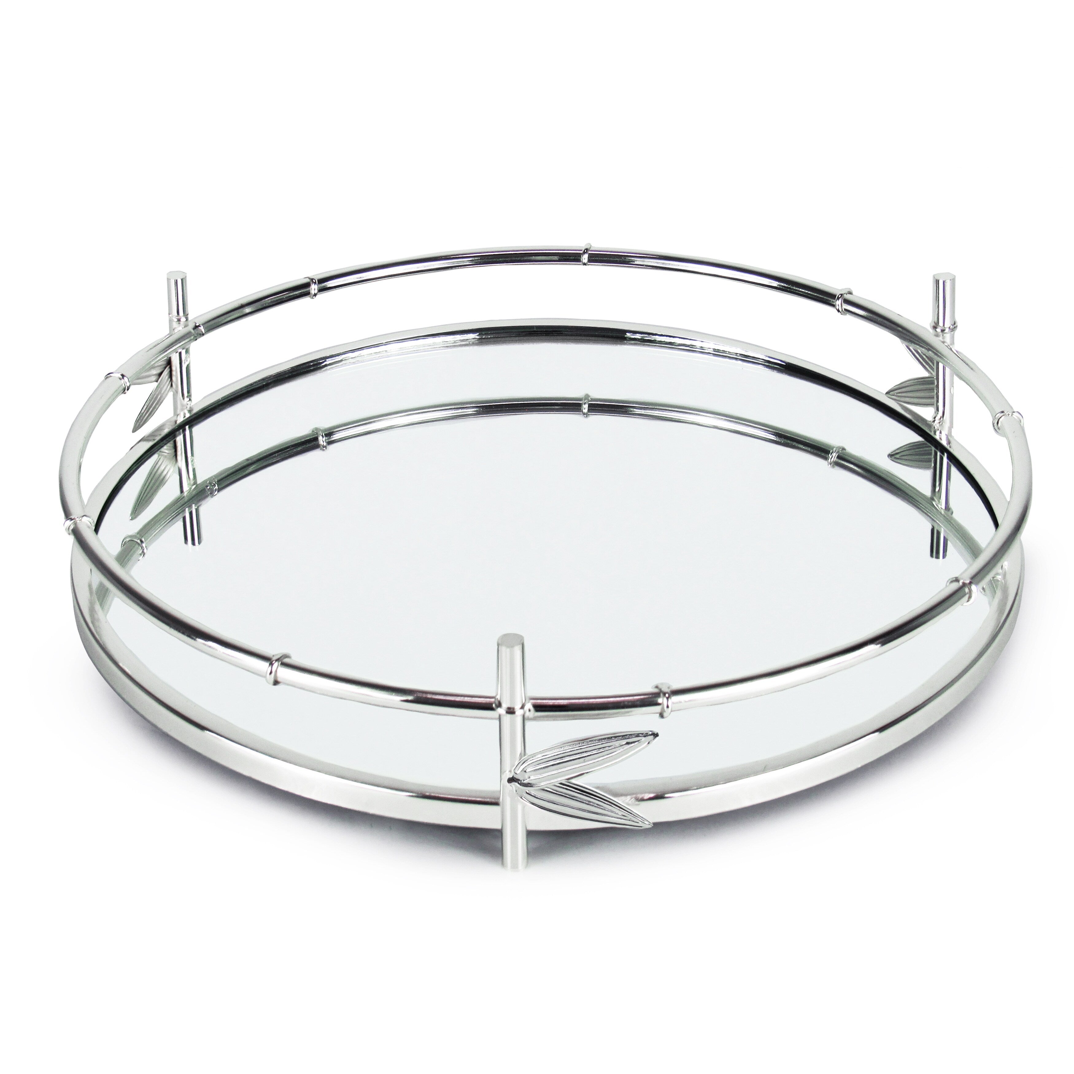 Silver Bamboo Style Round Metal Mirror Decorative Tray Serving Platter