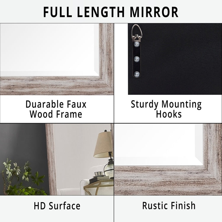 Rustic Full-Length Floor Mirror - 66 x 32 Rectangular Wood Frame Full Body Mirror for Living room, Bedroom