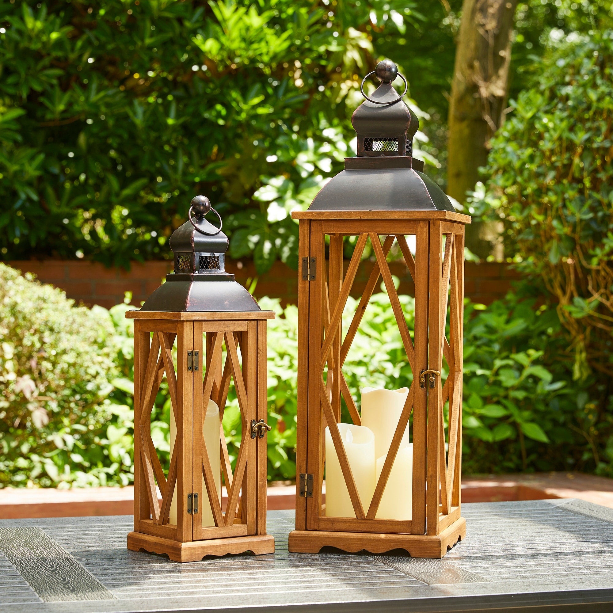 Glitzhome 2-Piece Oversize Farmhouse Wood/ Metal Hanging Candle Holders Decorative Lanterns