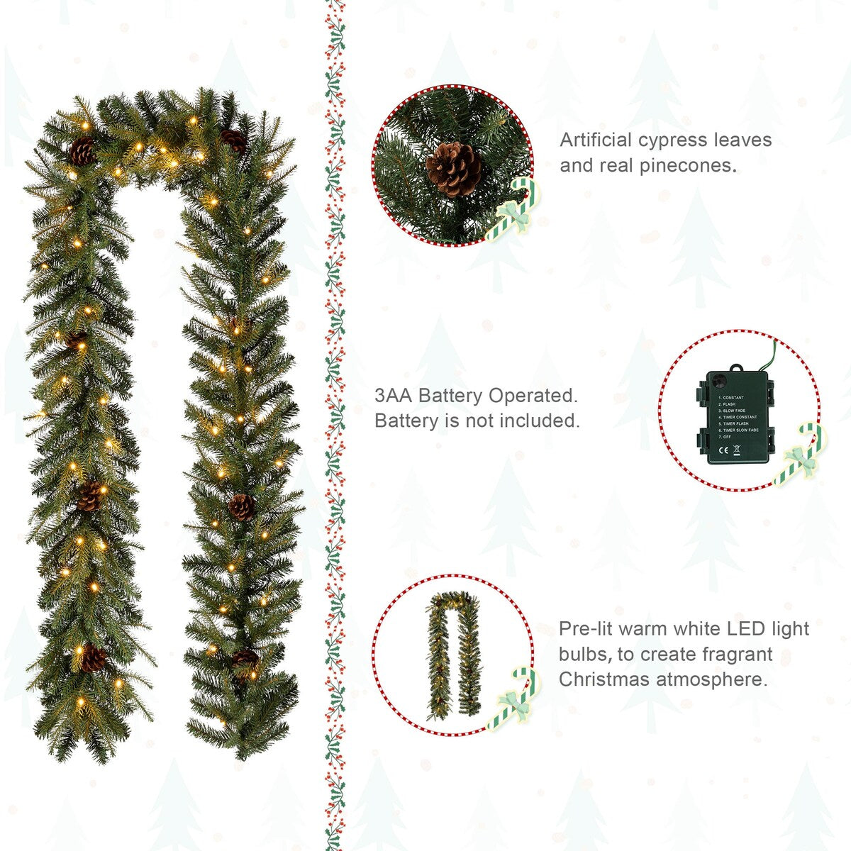 Glitzhome 9'L Pre-Lit Christmas Garland with Warm White LED Light