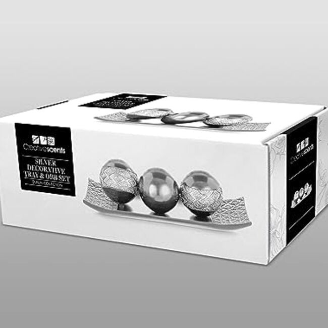 Creative Scents Dublin Brushed Silver Decorative Tray and Orbs/Balls (Set of 3)