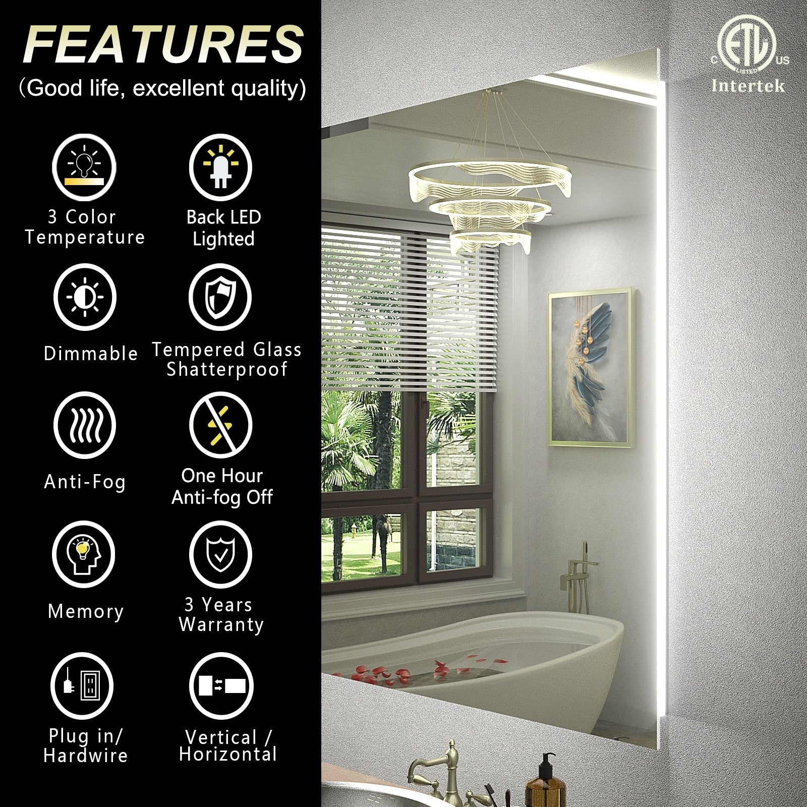 Apmir LED Lighted Anti-Fog Frameless Backlit Bathroom Vanity Mirror with in Tempered Glass