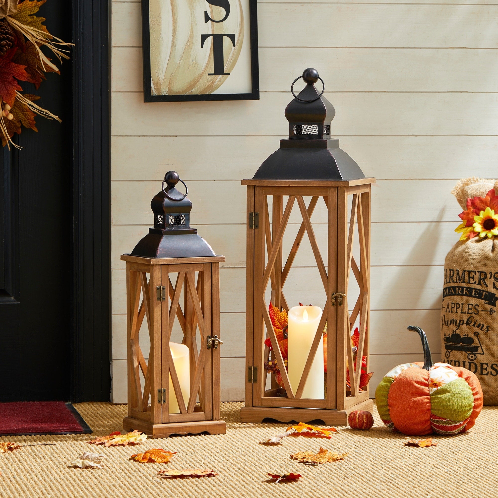 Glitzhome 2-Piece Oversize Farmhouse Wood/ Metal Hanging Candle Holders Decorative Lanterns