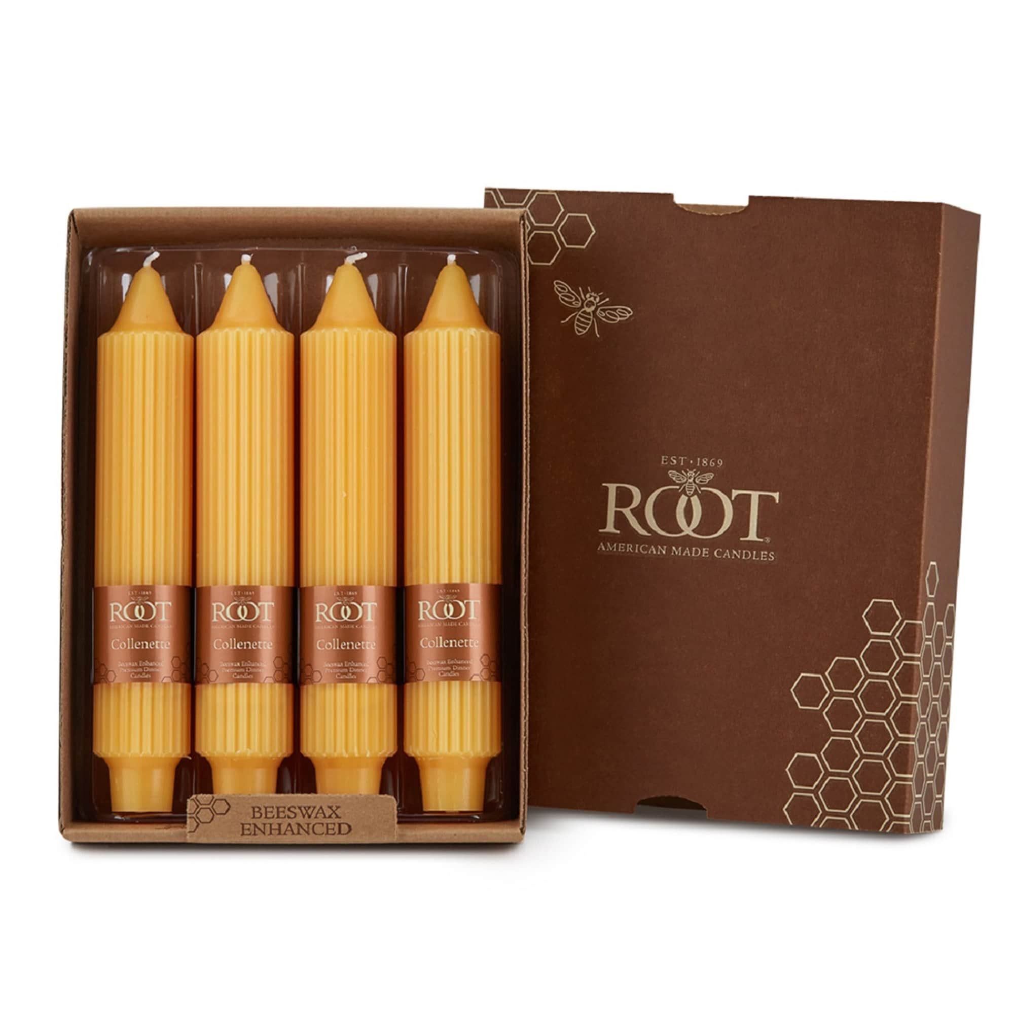 Root Unscented Grecian Collenette Taper Candles box of 4