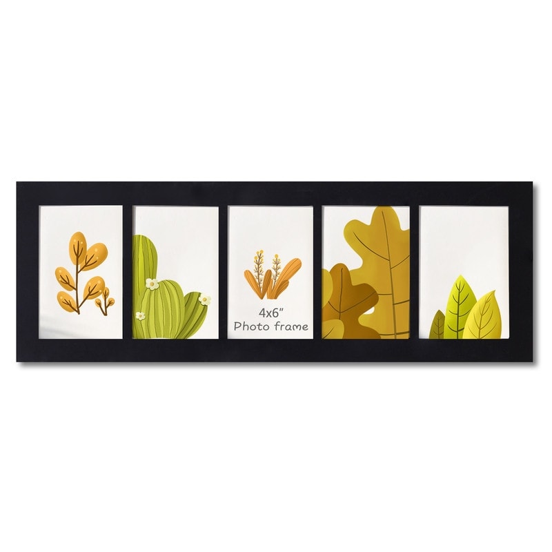 Adeco Decorative Black Wood Wall Hanging Picture Frame with 5 Divided 4x6-inch Openings