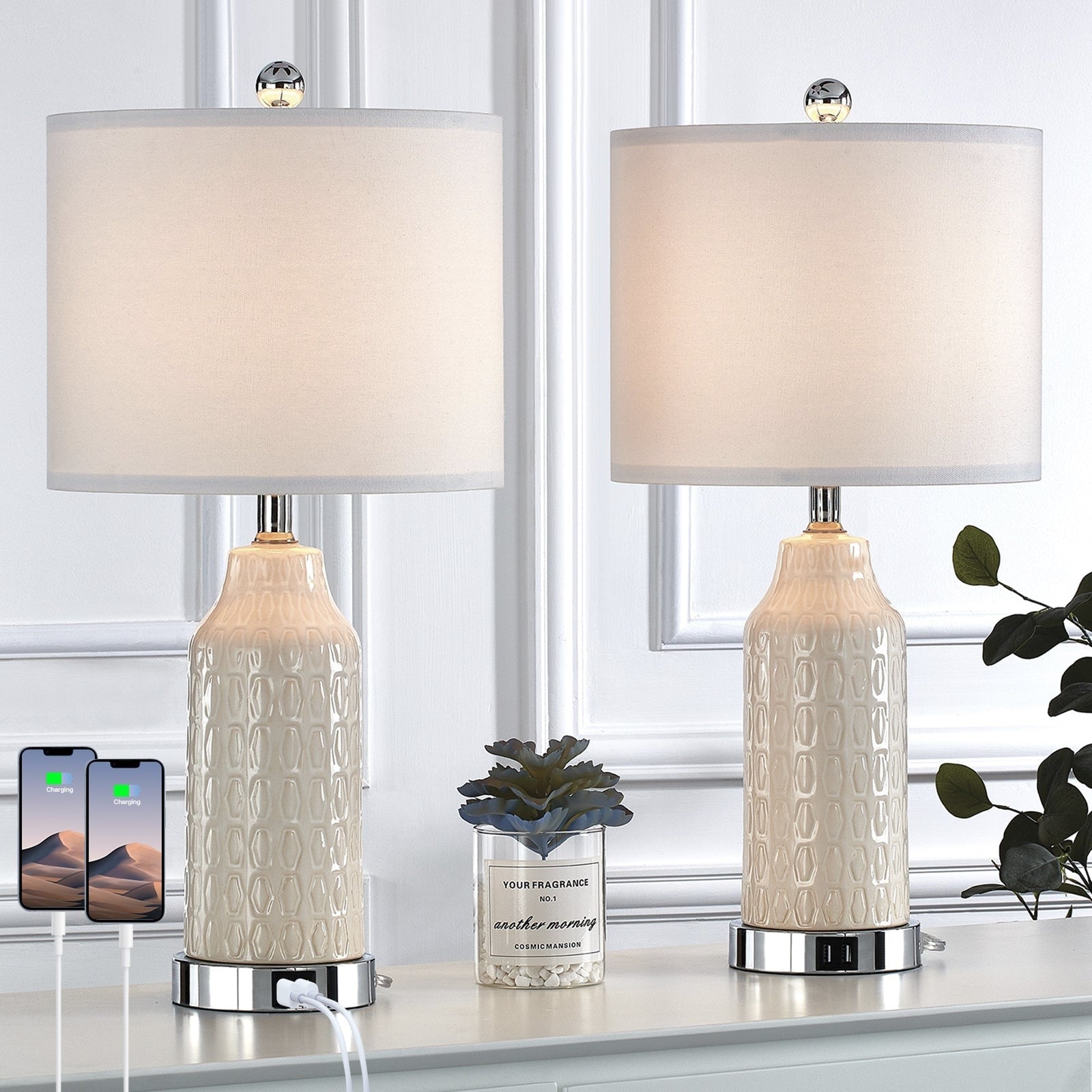 White Ceramic Table Lamps with 3-way Touch Dimming Switch & Dual USB Charging Ports & AC Outlet (Set of 2)