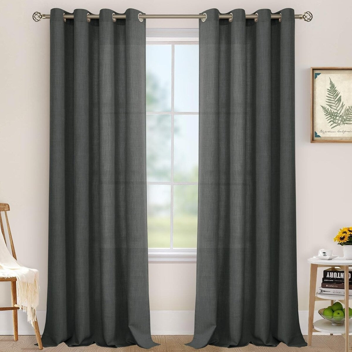 Natural Linen Curtains for Living Room, Faux Linen Textured Privacy Drapes Grommet Boho Panels, Set of 2 Panels