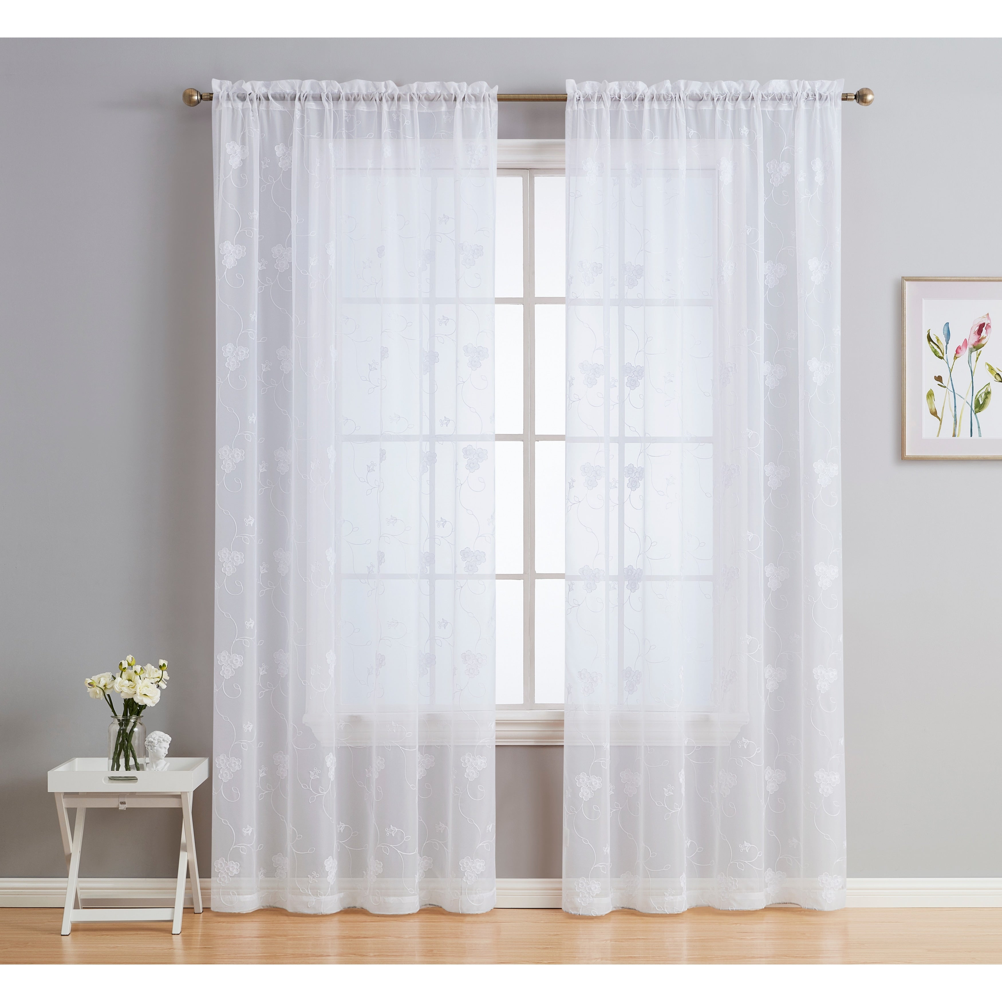 HLC.me Allegra Floral Vine Embroidered Sheer Light Filtering Window Curtain Drapery Rod Pocket Top Panels, Set of 2