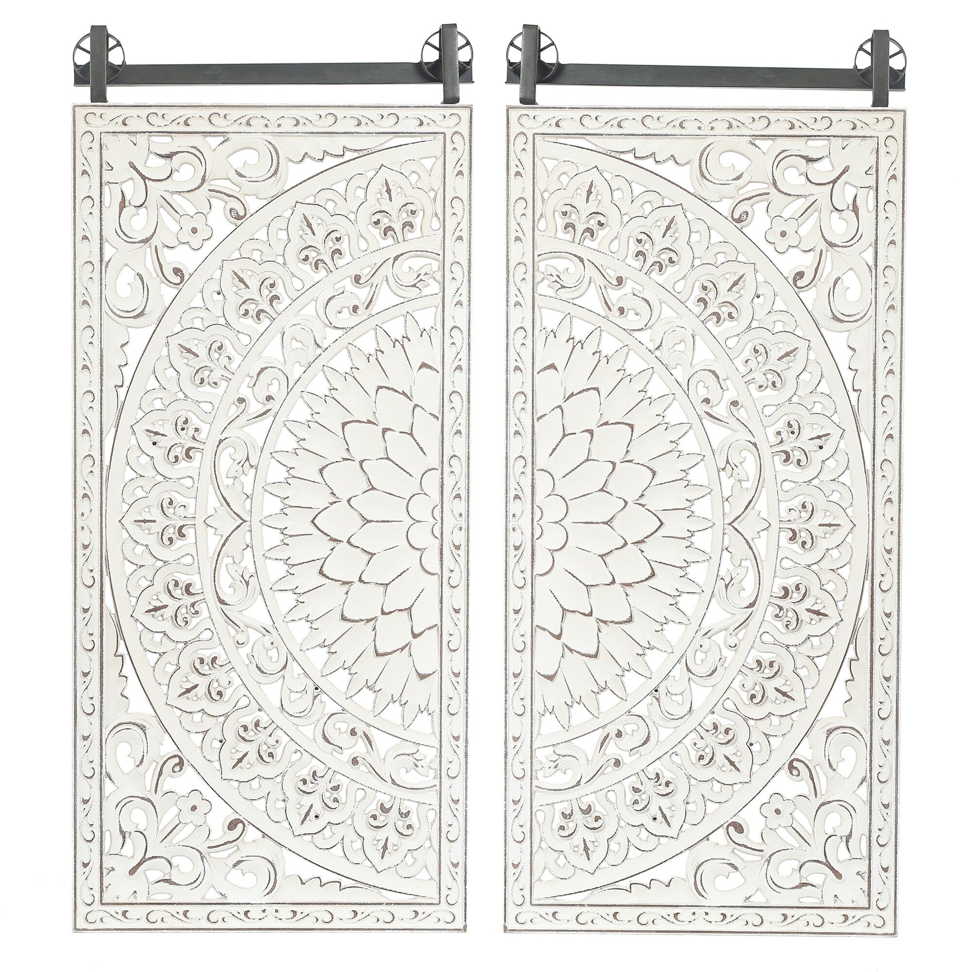 Distressed Ivory White Wood Flower Wall Art with Black Accents (Set of 2)