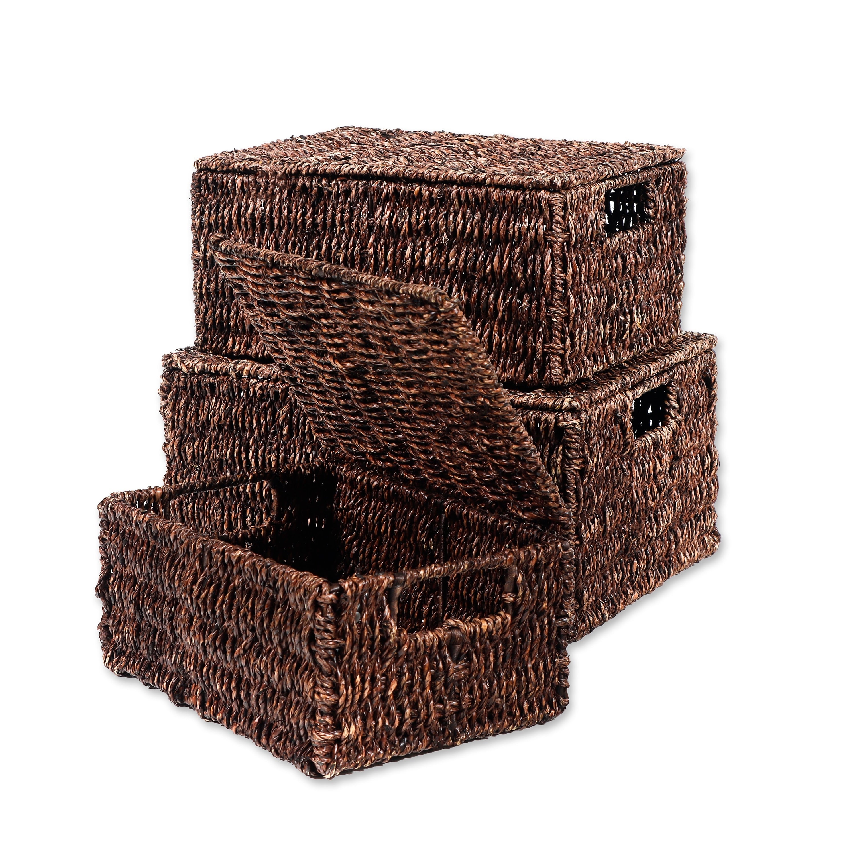 Trademark Innovations Set of 3 Rectangular Seagrass Baskets with Lids (Small)