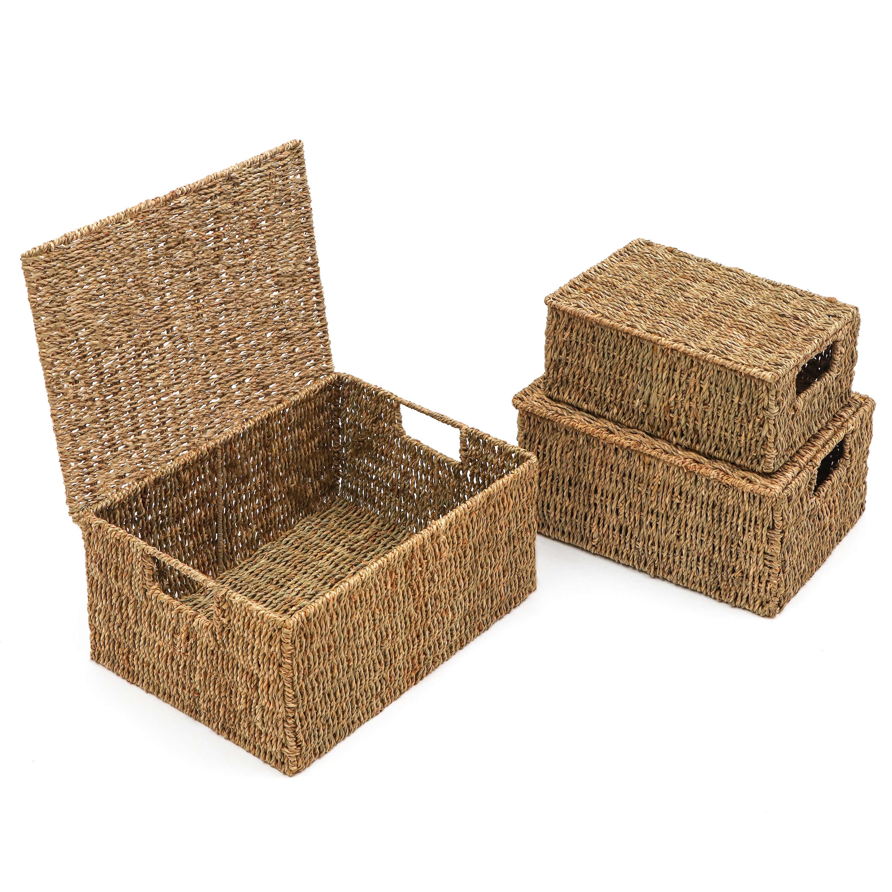 Trademark Innovations Set of 3 Rectangular Seagrass Baskets with Lids (Small)